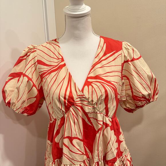 Hutch Coral Plumeria Print Puff Sleeve Tiered V-Neck Mini Dress Preppy Coastal - Picture 4 of 13